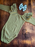 Olive Ribbed Long Flutter Sleeve Leo
